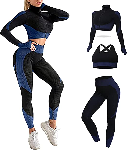 Workout Sets Women 2 Piece Legging Zip Crop Top Seamless Yoga Outfits Clothes