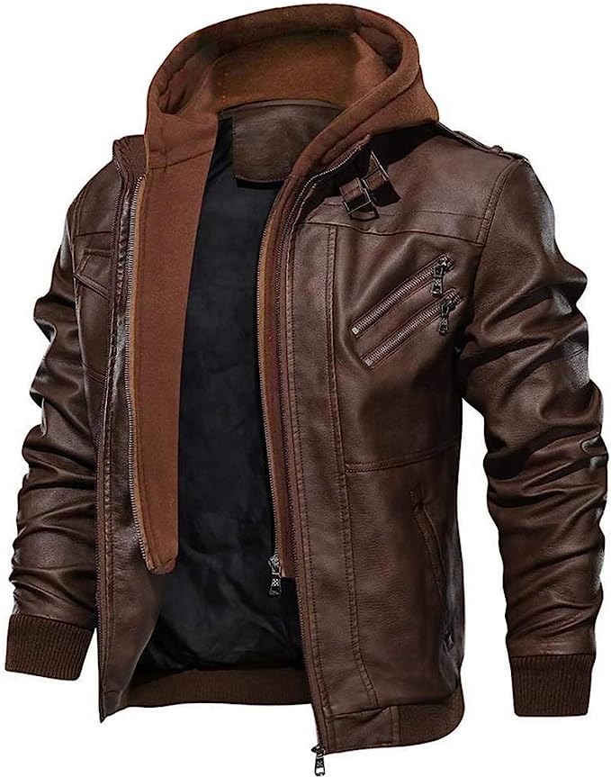 Men's Leather Jacket-Fall Winter Vintage Motorcycle Biker Jacket with Removable Hood